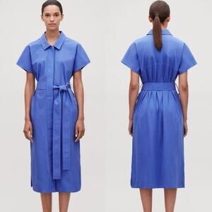 COS Women Blue Belted Woven-Jersey Short Sleeve Shirt Dress Size M